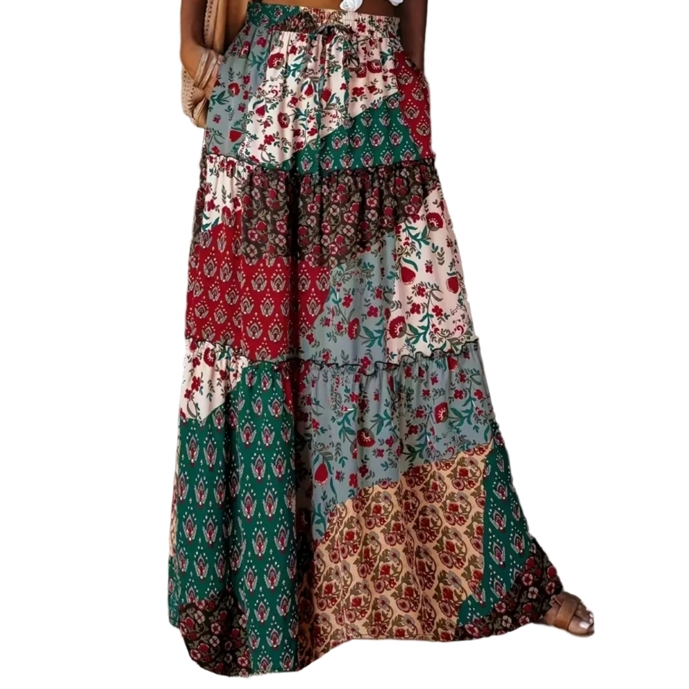Long Boho Skirt with pockets Drawstring Elastic Waist Bohemian Patchwork Print